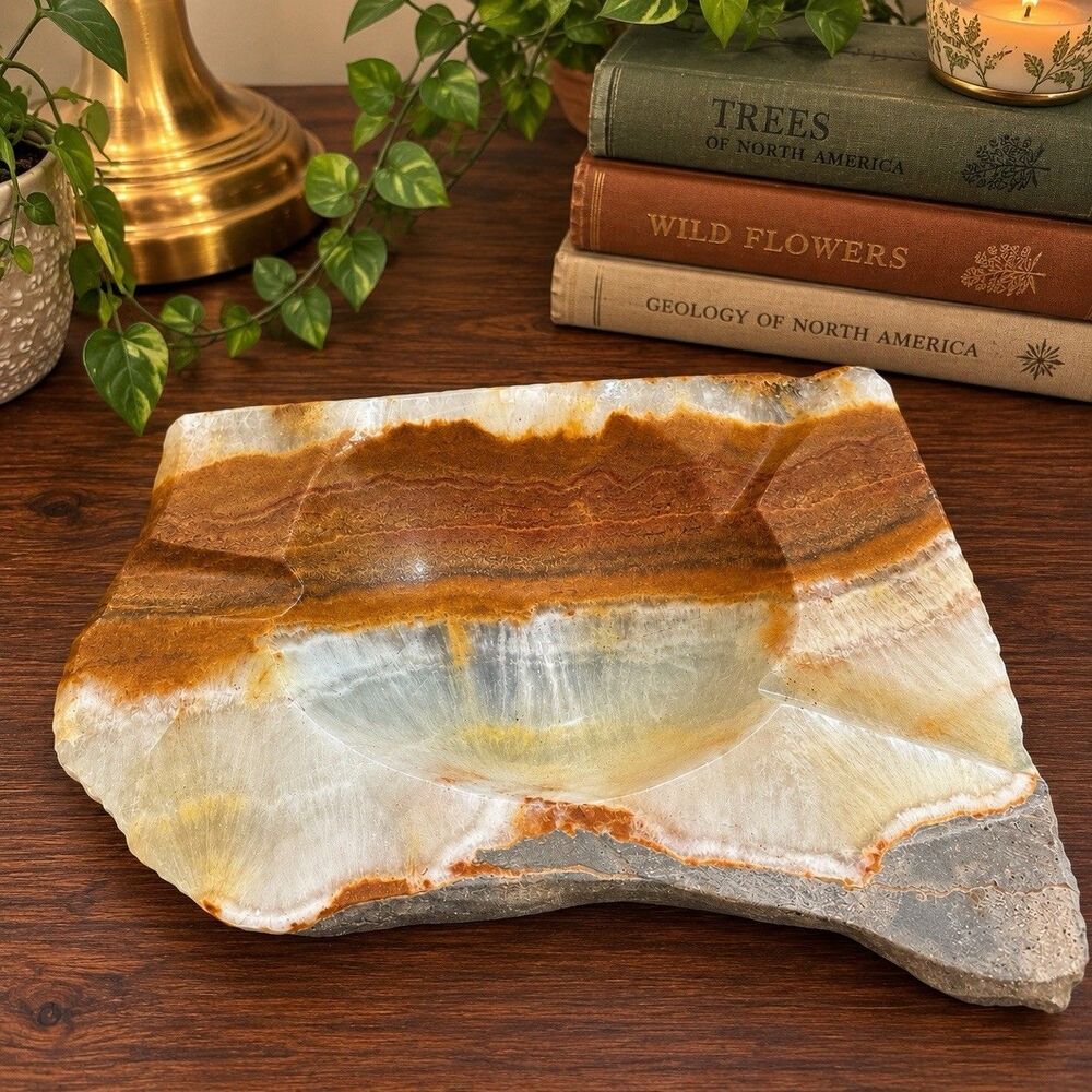 Vintage Stone Onyx Ashtray 8” x 6” Brown Cream Banded Mineral MCM Decor